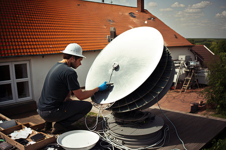 the final touches, mounting the satellite dish on the roof of a house, created with generative aiの素材