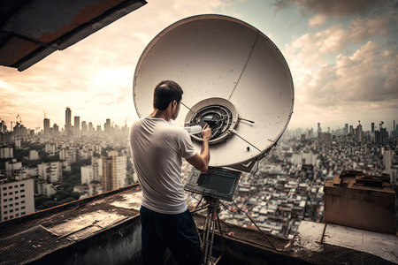 person, installing a satellite dish on the roof of the house with a view of the city, created with generative aiの素材