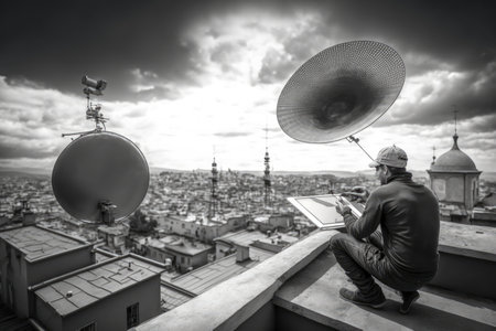 person, installing a satellite dish on the roof of the house with a view of the city, created with generative aiの素材