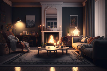 a cozy living room illuminated by a fireplace with warm flames, created with generative aiの素材