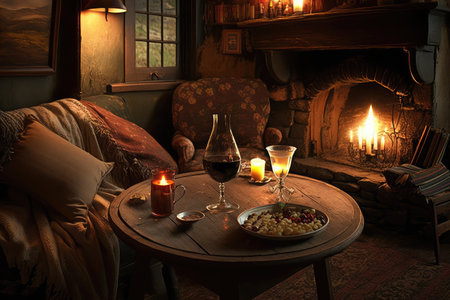 cozy sitting room, with warm fire and glasses of wine on the table, created with generative aiの素材