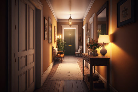 an empty hallway with warm lighting, a cozy atmosphere and comfortable furnishings, created with generative aiの素材