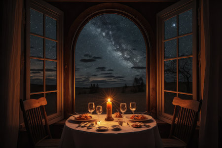 a candle-lit dinner for two, with a view of the starry night sky in the country house, created with generative aiの素材