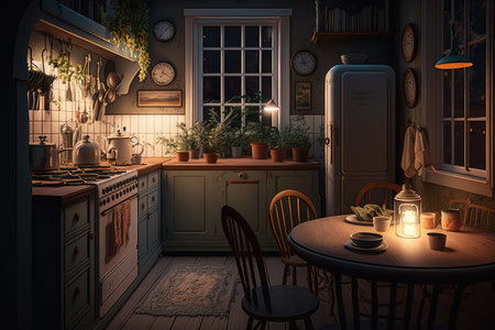 nighttime view of a country house kitchen, with the warm glow of lights and the sound of dishes clinking, created with generative aiの素材