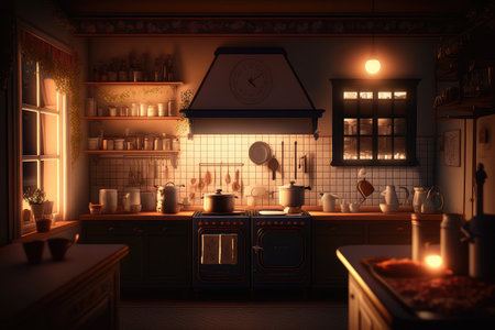 nighttime view of a country house kitchen, with the warm glow of lights and the sound of dishes clinking, created with generative aiの素材
