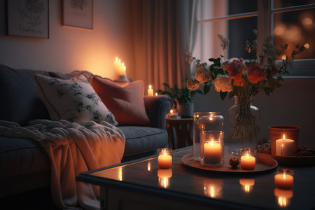 a cozy living room with warm lighting, beautiful candlelight and fresh flowers, created with generative aiの素材