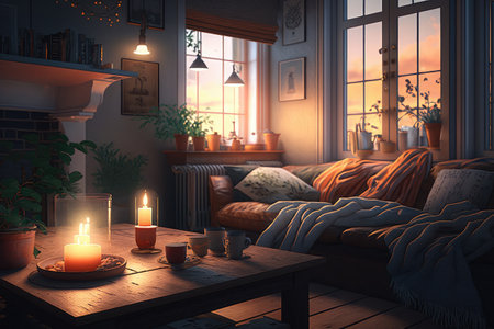 relaxing evening at home with warm light and cozy atmosphere, created with generative aiの素材