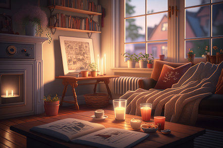 relaxing evening at home with warm light and cozy atmosphere, created with generative aiの素材