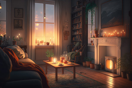 relaxing evening at home with warm light and cozy atmosphere, created with generative aiの素材