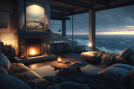 a candlelit living room with a view of the ocean, waves rolling in, generative aiの素材