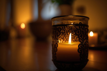 close-up of flickering candle, illuminating the living room with a warm and peaceful glow, created with generative aiの素材