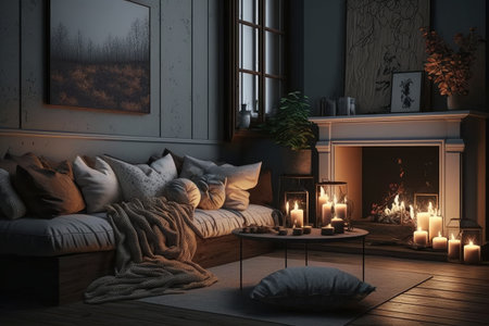 a cozy living room with a fireplace, candles, and plush pillows is the perfect setting for relaxing after a long day, created with generative aiの素材