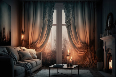 curtain of soft, warm light, creating cozy and romantic atmosphere in the living room, created with generative aiの素材
