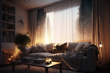 curtain of soft, warm light, creating cozy and romantic atmosphere in the living room, created with generative aiの素材