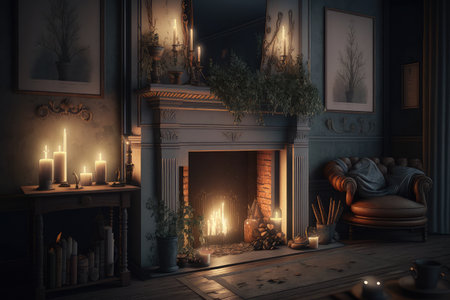 a cozy living room with a fireplace and flickering candles on the mantle, created with generative aiの素材