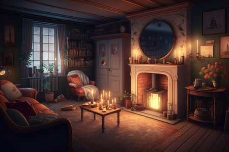 a cozy living room with a warm and welcoming atmosphere, filled with candlelight and the smell of burning wax, created with generative aiの素材