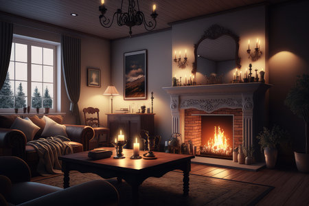 a cozy living room with a warm fireplace and soft lighting, where you can relax after a long day, created with generative aiの素材