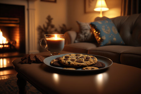 relaxing evening in the living room with warm lighting, fireplace, and plate of cookies, created with generative aiの素材