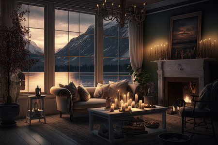 the living room with the view of a serene lake, surrounded by candles and warm lighting, created with generative aiの素材
