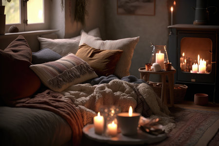 a cozy living room with a warm fireplace, blankets and candles for a peaceful atmosphere, created with generative aiの素材