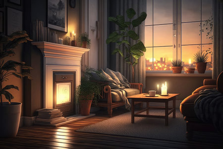 relaxing evening at home, with warm and cozy atmosphere, enjoying the moment of silence and peace, created with generative aiの素材