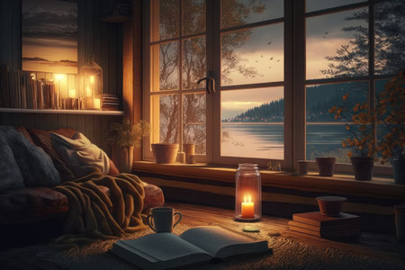 relaxing evening at home, with warm and cozy atmosphere, enjoying the moment of silence and peace, created with generative aiの素材