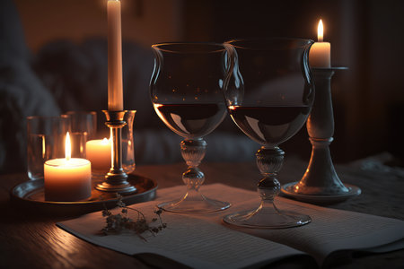 a romantic scene with a flickering candle and two glasses of wine on the coffee table, created with generative aiの素材