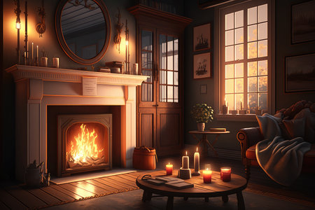 cozy living room with fire burning in the fireplace and warm light of candles illuminating the space, created with generative aiの素材