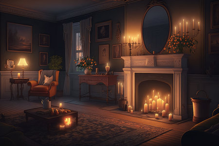 a serene and peaceful living room, filled with the warm glow of candlelight, and a burning fireplace, created with generative aiの素材