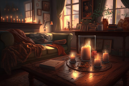 a warm and cozy living room, where candles flicker on the coffee table, and a soft music plays in the background, created with generative aiの素材