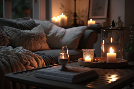 a warm and cozy living room, where candles flicker on the coffee table, and a soft music plays in the background, created with generative aiの素材