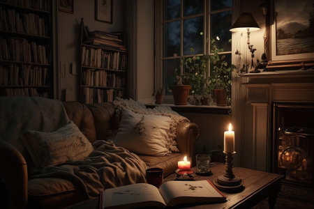 cozy living room with warm candlelight, soft music, and a good book to read, created with generative aiの素材
