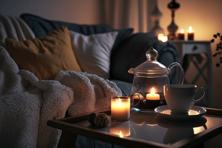 candlelit living room with fluffy blanket and hot cup of tea for cozy evening in candlelight, created with generative aiの素材
