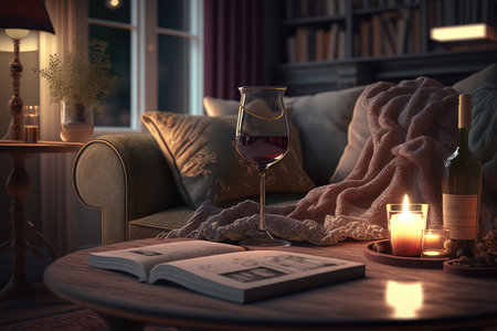 relaxing evening at home with a glass of wine and cozy atmosphere, created with generative aiの素材