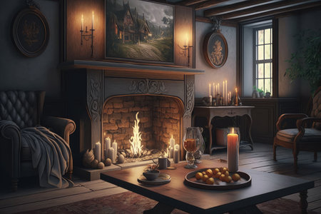 a cozy living room, with a warm fireplace and candles on the table, invites you to take a break from your busy day and relax, created with generative aiの素材