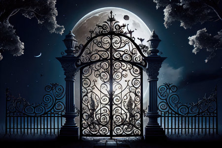 iron mansion gates against the backdrop of the night sky with a full moon, created with generative aiの素材