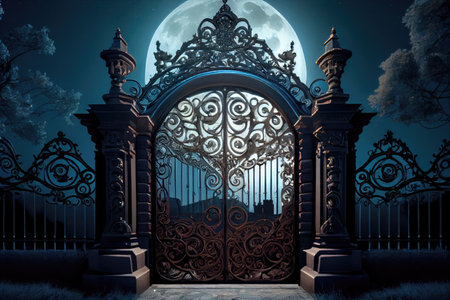 iron mansion gates against the backdrop of the night sky with a full moon, created with generative aiの素材