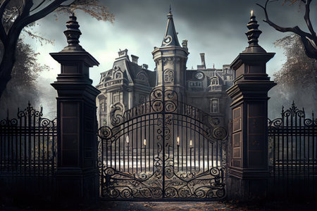 gaze upon grand iron gates, with the mansion visible in the background, created with generative aiの素材