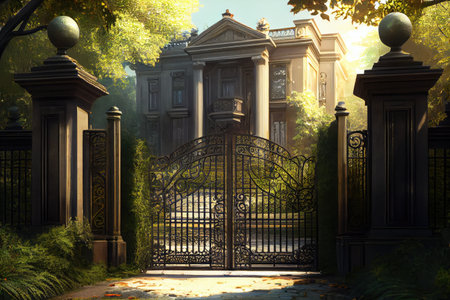 iron mansion gates, with a view of lush greenery and towering trees, created with generative aiの素材