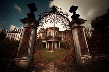 rusted gates, with debris in yard, against run-down mansion, created with generative aiの素材