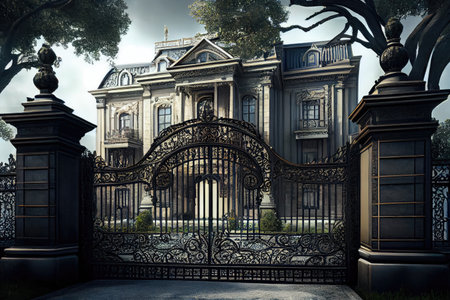 luxury mansion, with intricate iron gates and towering trees in the background, created with generative aiの素材