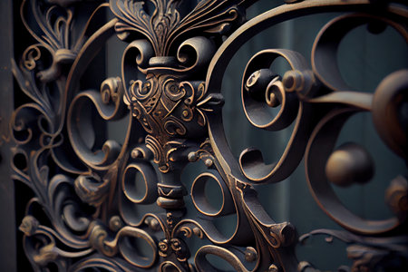 close-up of wrought iron gate with ornate details and intricate patterns, created with generative aiの素材