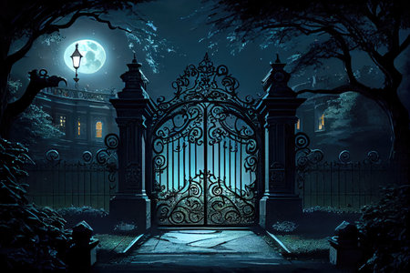 an iron mansion gate, leading to a moonlit garden and the silhouette of the mansion in the background, created with generative aiの素材