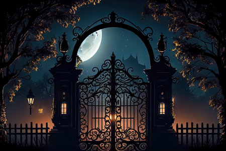 an iron mansion gate, leading to a moonlit garden and the silhouette of the mansion in the background, created with generative aiの素材