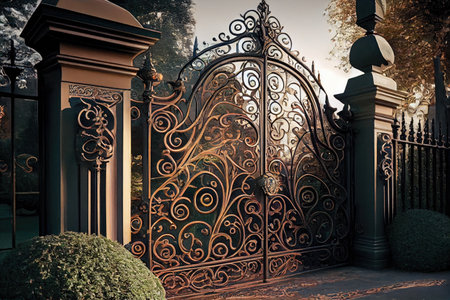 iron gates with intricate scrollwork and filigree, leading to luxurious mansion, created with generative aiの素材