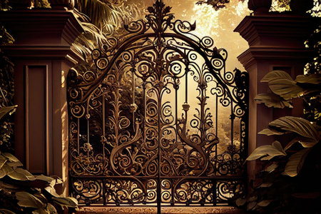iron gates, with intricate scrollwork and carvings, leading to serene garden, created with generative aiの素材