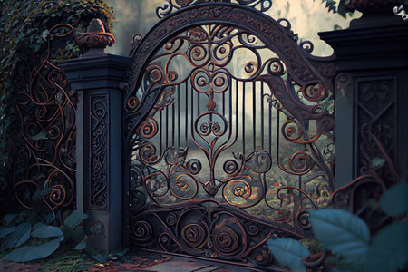 iron gates, with intricate scrollwork and carvings, leading to serene garden, created with generative aiの素材
