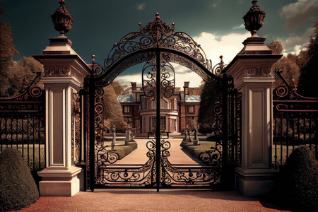 giant iron gates, towering over the entrance to a grand estate with manicured gardens, created with generative aiの素材