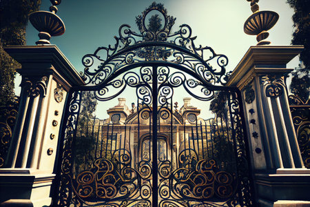 iron gates, with intricate scrollwork and filigree, leading to stately mansion, created with generative aiの素材