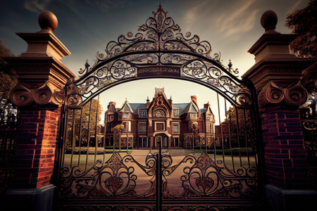 iron gates, with intricate scrollwork and filigree, leading to stately mansion, created with generative aiの素材